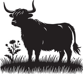 A Highland Cow silhouette with large sweeping horns in a peaceful meadow vector silhouette