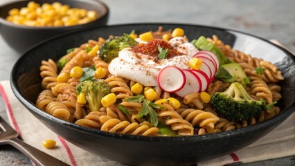 Nestled in a shallow glossy black bowl a vibrant assortment of lentil pasta spirals intertwine like colorful ribbons. Topped with sweet corn kernels crunchy radish slices and