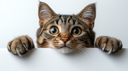 A curious cat peeks over a white surface with wide, expressive eyes.