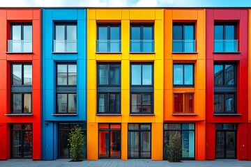 Obraz premium Vibrant and colorful apartment buildings in a modern city, showcasing a playful and cheerful urban design.