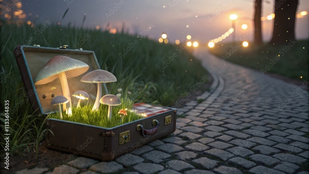 Poster vintage suitcase filled with grass and glowing mushrooms sits beside a cobblestone path leading towa