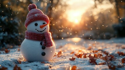 Obraz premium A Snowman Wearing a Red Hat and Scarf in Winter