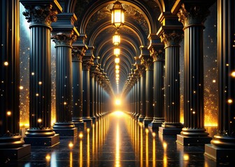 Black gold corridor pillars: a 3D-rendered drone perspective, ideal architectural visualization background.