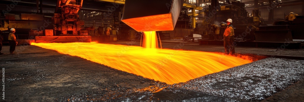 Poster Molten metal flows into molds, creating bright sparks and flames in an industrial hall, showcasing a dynamic casting process in action. Generative AI