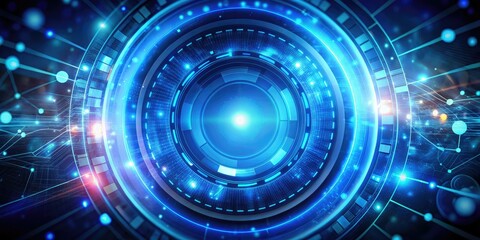 Fototapeta premium Blue cyber bokeh circles frame a futuristic AI interface, showcasing digital technology's sleek design.
