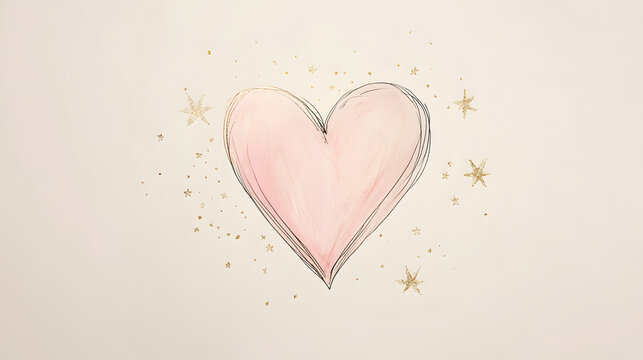 A whimsical hand-drawn pink heart surrounded by golden stars and sparkles.