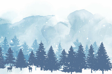 Watercolour Forest Winter Landscape Scenery