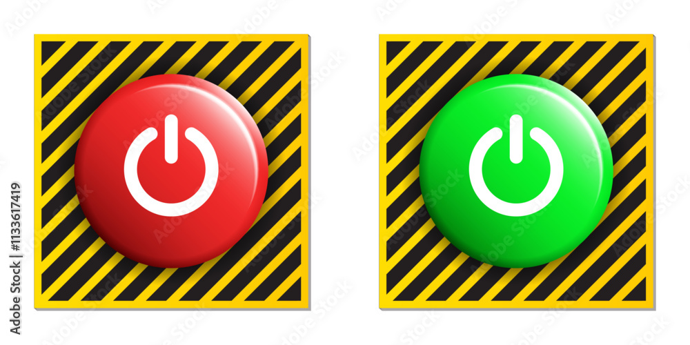 Poster 3d power switch button: on and off icons and shutdown symbols in round design on white background. v