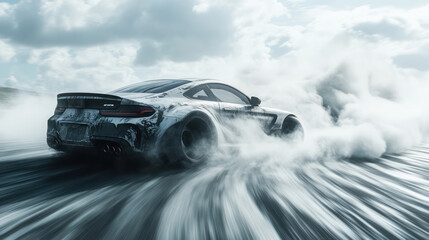 race car swirling smoke resembling the drift smoke from racing, capturing dynamic shapes and patterns. The background should be minimalistic to emphasize the movement and texture of the smoke 