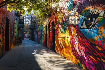 Obraz premium Vibrant Urban Alleyway: A Colorful Symphony of Street Art