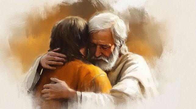 A heartfelt depiction of forgiveness from the father to his returning son in watercolor art.