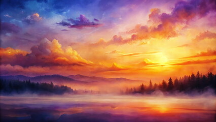 Fototapeta premium Vibrant sunset over misty mountain lake landscape