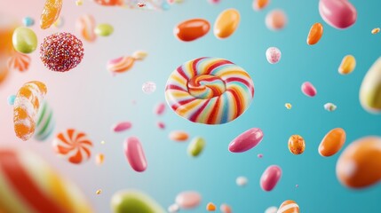 An array of colorful candies, including swirls and gumdrops, seemingly floating against a vibrant blue background, capturing a whimsical, playful scene.