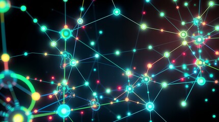 futuristic network of glowing multicolor nodes connected by light lines
