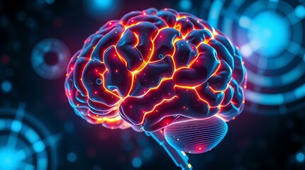 glowing brain with vibrant red and blue neural