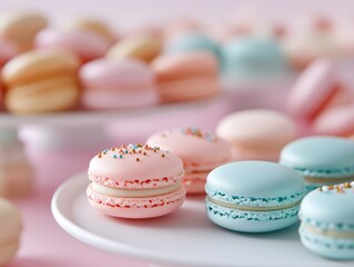 Obraz premium Charming multicolored macarons artfully arranged on pristine white platters, topped with decorative sprinkles, creating a beautiful contrast and visual delight.
