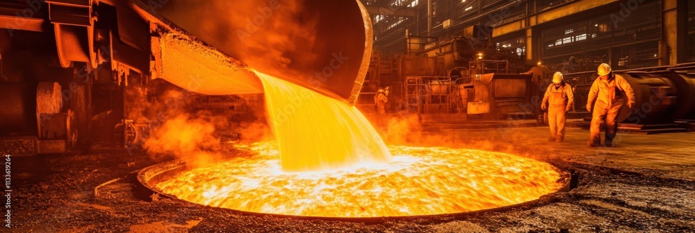 Poster molten metal is poured into large molds, creating a fiery display of flames and sparks in a bustling