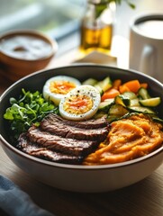 A gourmet bowl blending lightly seared steak, creamy sweet potatoes, boiled eggs, and fresh greens, evoking a sensation of health and nourishment in a cozy setting.