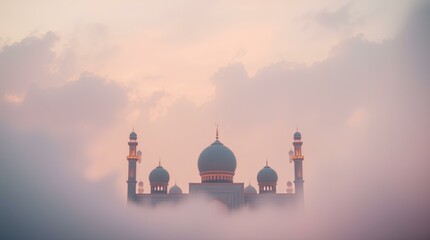 beautiful sunset behind mosque domes and minarets with vibrant pink tones