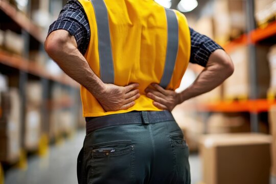 A warehouse worker experiencing back discomfort holds his lower back, prominently showcasing safety vest and industrial environment, highlighting worker health concerns.