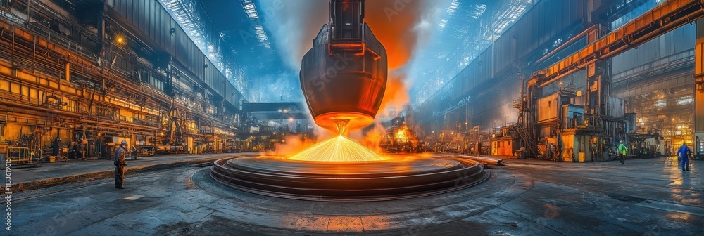 Poster molten metal streams into casting molds, creating sparks and flames, showcasing a vibrant industrial