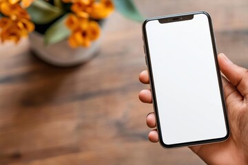 A person's hand firmly holds a smartphone featuring a blank white screen, ready for customization or use, emphasizing modern technology and connectivity in daily life. - Powered by Adobe