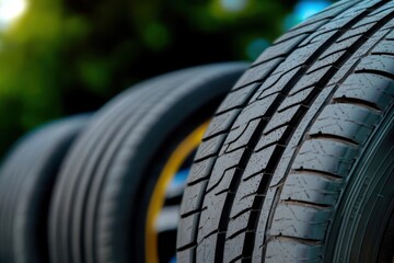 Multiple tires aligned to emphasize their tread designs, conveying durability, advanced engineering, and essential reliability for modern transportation.