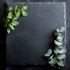 top down photograph of a flat black slate board with mint leaves on one corner and eucalyptus on the other corner