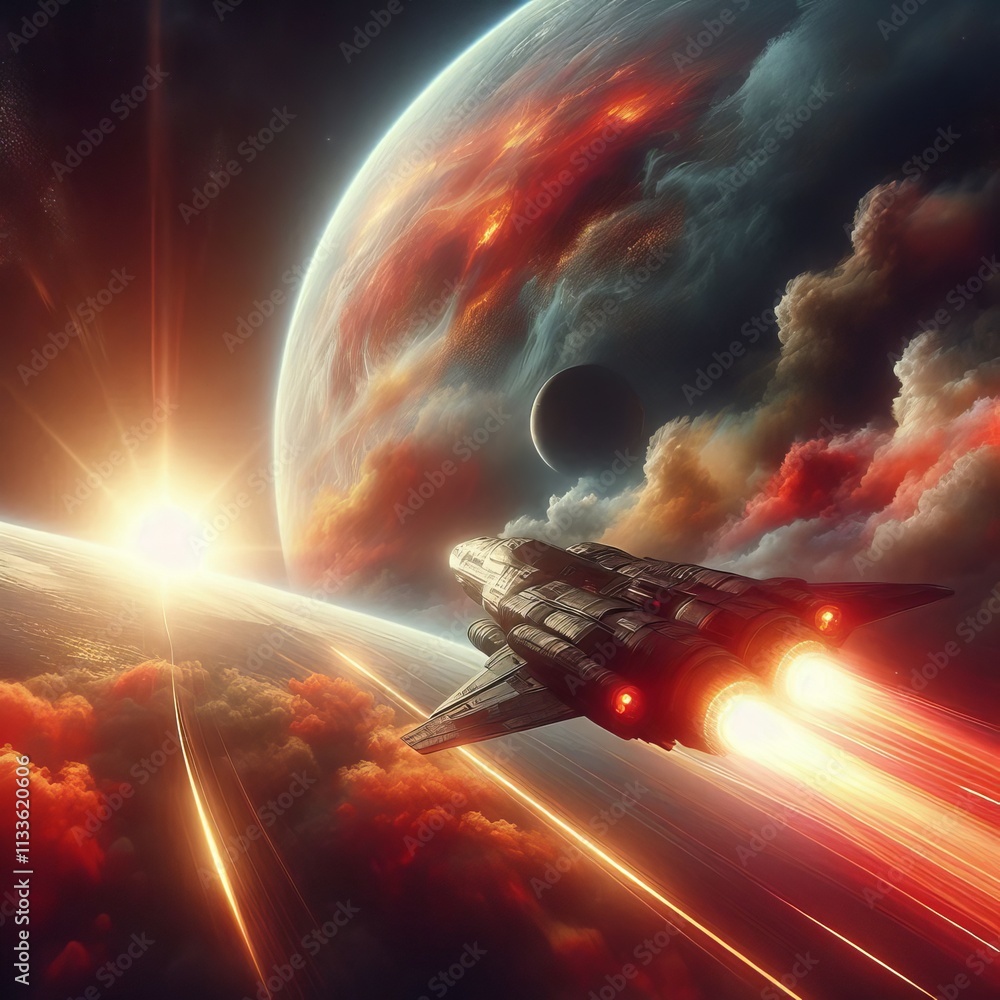 Poster a futuristic spaceship flies through the vast expanse of space, illuminated by a vibrant cosmic suns