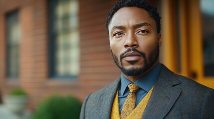 Obraz premium Stylish man, sharp suit, serious gaze.