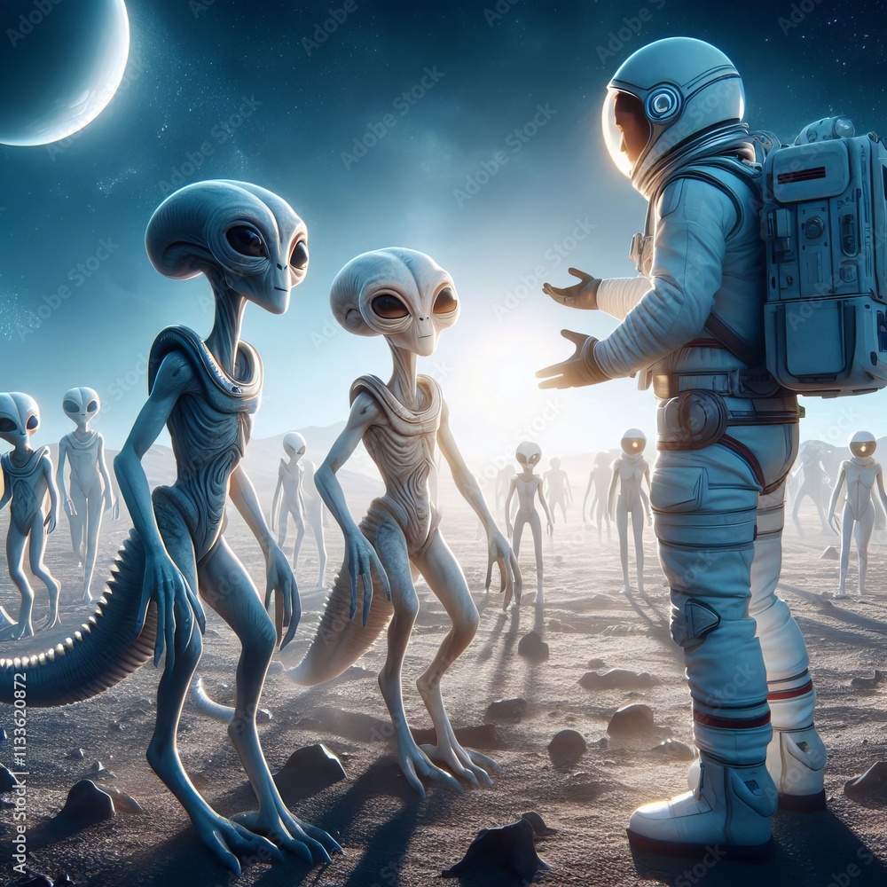 Aufkleber an astronaut meets and communicates with a group of extraterrestrial beings on the surface of a dist