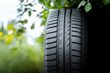 A tire is balanced in a setting rich with green foliage, suggesting a connection between technology and nature, focusing on sustainability and environmental consciousness.