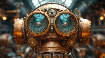 Fototapeta premium Steampunk robot head, brass, intricate details.