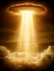 Fototapeta premium Mysterious flying saucer hovers over city with a bright beam of light during twilight