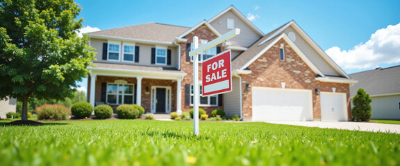 Suburban House with For Sale Sign on Sunny Green Lawn against Blue Sky