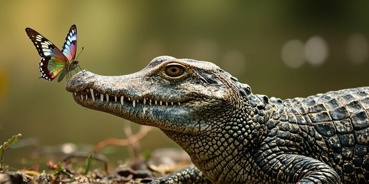Jacar&eacute; no pantanal com uma borboleta sentada sobre o nariz