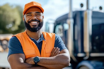An industrial worker in a bright uniform, set against a backdrop of machinery, exuding positivity and professionalism in a dynamic industrial environment.