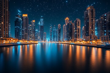 Naklejka premium Dubai Marina Night Skyline: A Captivating Night View of Modern Architecture Under a Starry Sky