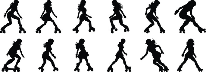 Skater silhouettes set, woman pack of vector silhouette design, isolated background