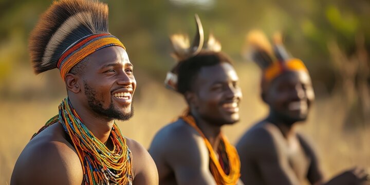 A joyous gathering of African men in cultural attire and jewelry highlights themes of tradition, unity, and community amid an earthy and vibrant natural setting.