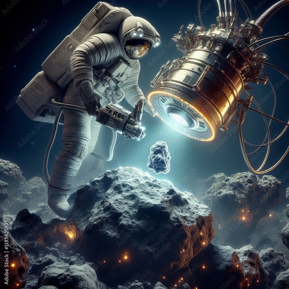Poster a dramatic scene of an astronaut in space, working near advanced technology while floating next to a