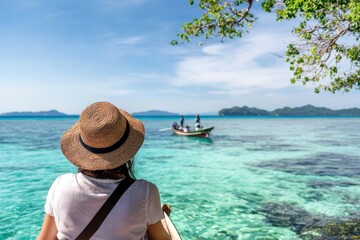 A woman in a straw hat gazes at the expansive turquoise waters and a boat in the distance, framed by the lush greenery of a scenic island under the sunny sky.