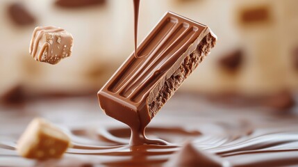 A luscious stream of chocolate flows over a block, beautifully showcasing the allure of rich confectionery treats in an ambiance of luxury and indulgence.