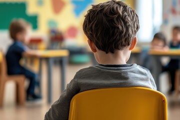 The image shows a child wearing a grey hoodie, seated at a desk in a colorful classroom, representing focus and the engaging atmosphere of learning environments.