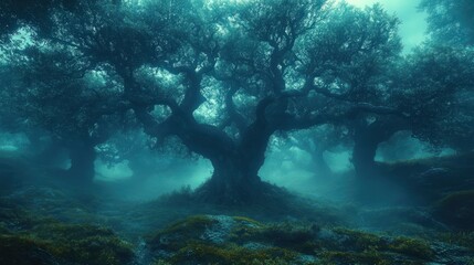 Obraz premium Ancient tree, misty forest, ethereal beauty.