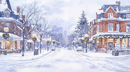 serene snowy cityscape with charming streets adorned with holiday lights