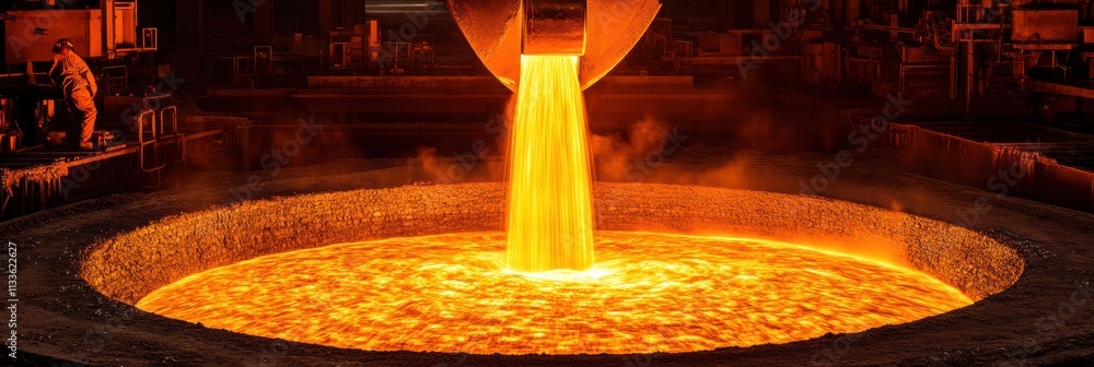 Poster molten metal flows into casting molds, creating bright flames and sparks in a bustling industrial ha