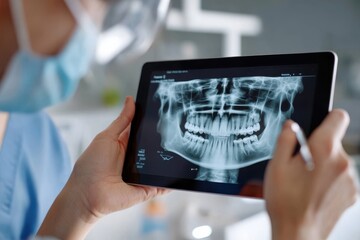 A dental professional observes an X-ray image on a tablet screen, emphasizing contemporary digital technology's impact on improving patient diagnostics and service.