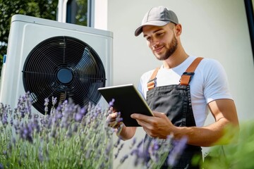 A technician wearing a cap and overalls uses a digital tablet while inspecting an outdoor air conditioning unit. Lavender flowers are visible in the foreground.