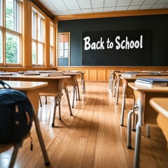 A neat classroom interior with 'Back to School' on the blackboard, conveying readiness for students, with traditional desks and chair arrangement inviting study.